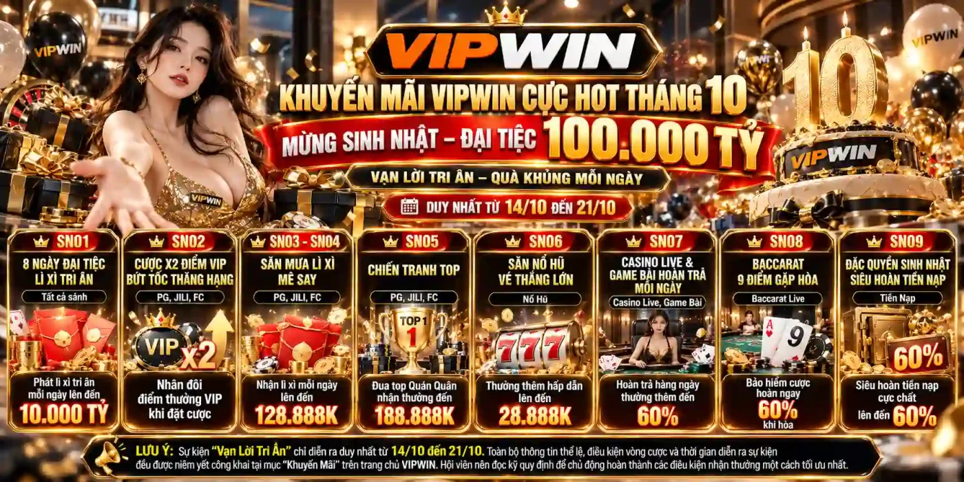 Khuyến Mãi VIPWIN Cực Hot Tháng 10 - Đại Tiệc Sinh Nhật 100.000 Tỷ